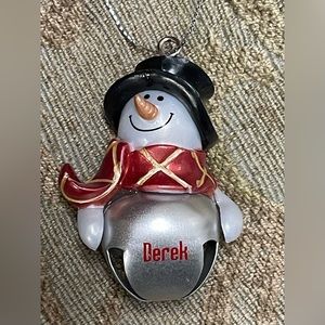 Derek Personalized Jingle Bell Snowman FANz Christmas Ornament NWT